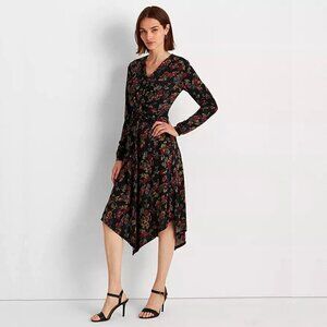 Ralph Lauren Size 12 Black Red Floral Surplice Jersey Dress Asymmetrical Hem NEW